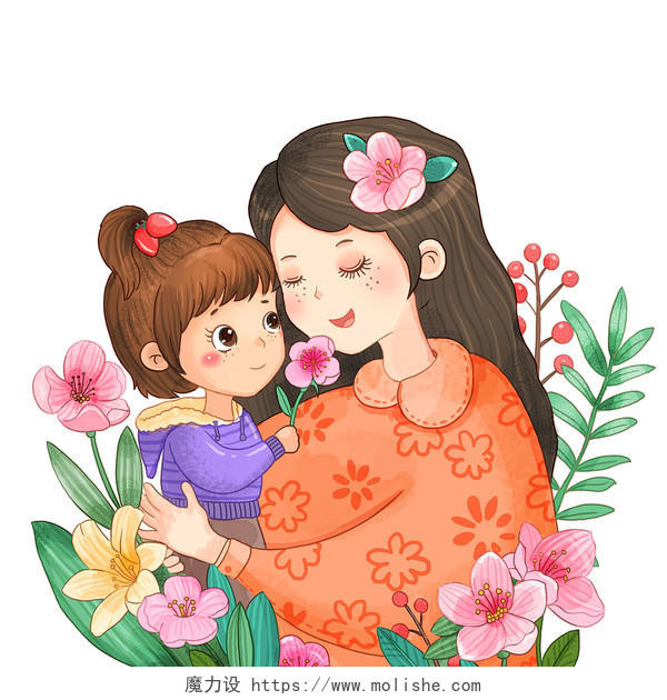 女儿送妈妈鲜花感恩节人物元素母爱卡通水彩画